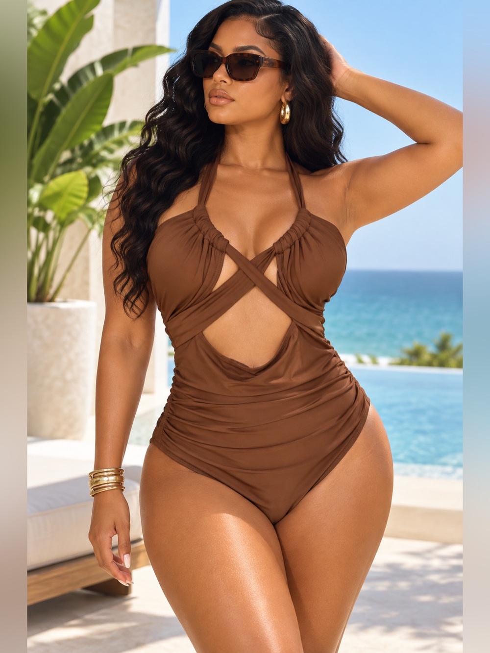 Brown Ruched Cutout Halter One Piece Swimsuit Small
